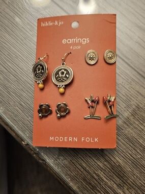 hildie & jo Modern Folk 4-Pair Earring Set - Antique Gold & Red Accents
